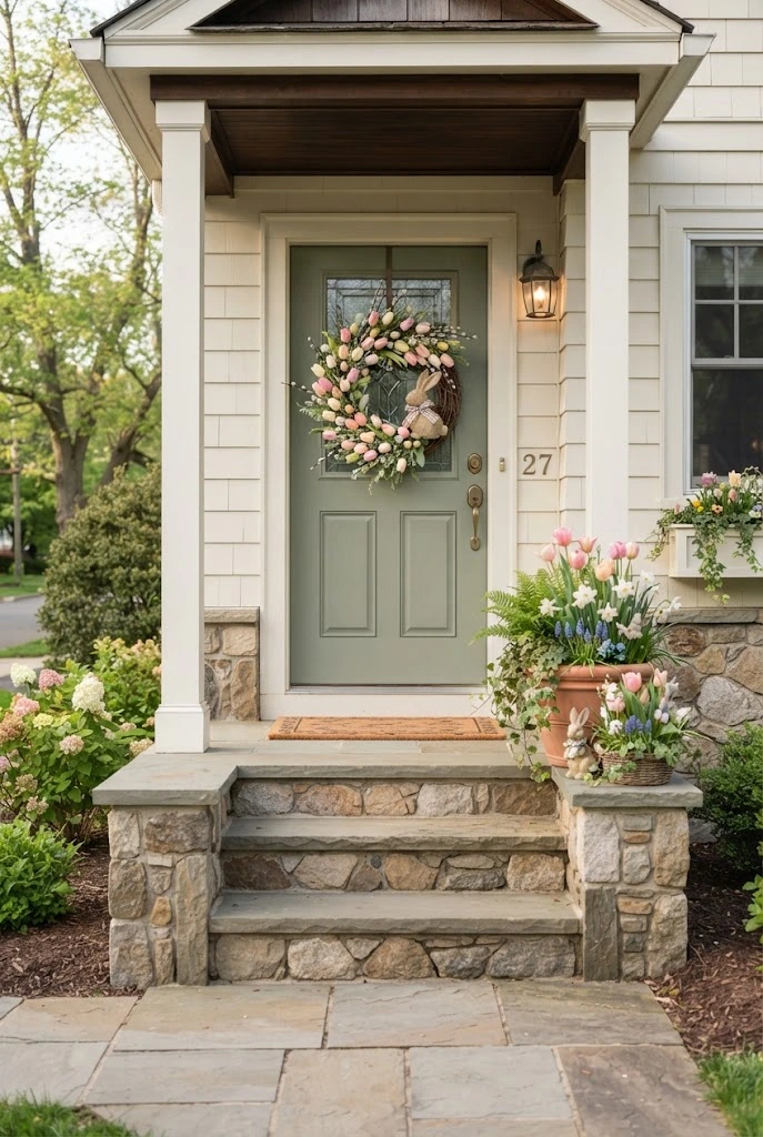 Pastel Easter wreath with tulips and decorative eggs on a spring front door.