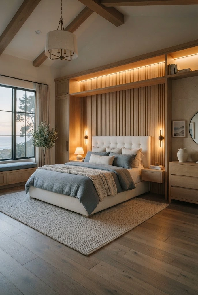Sophisticated coastal bedroom with custom light-oak wall millwork, integrated storage, and ivory linen bedding.