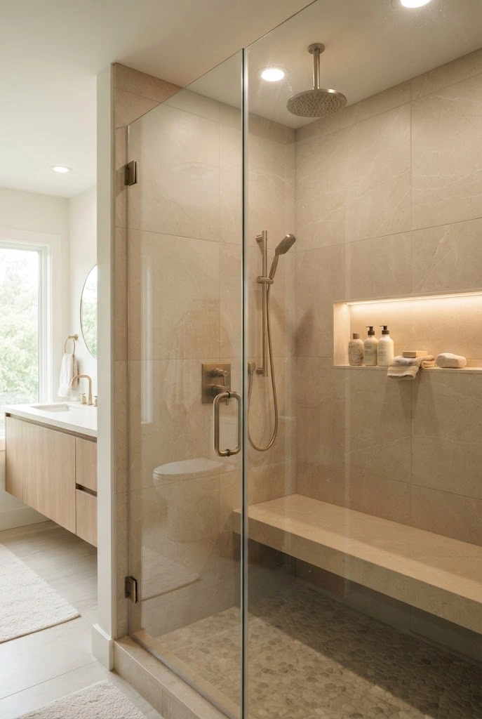 Walk-in shower with a built-in stone bench, recessed niche, and frameless glass enclosure.