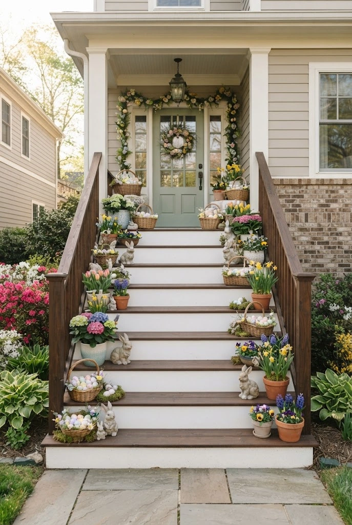 Easter baskets, flowers, bunnies, and eggs arranged along a front staircase.