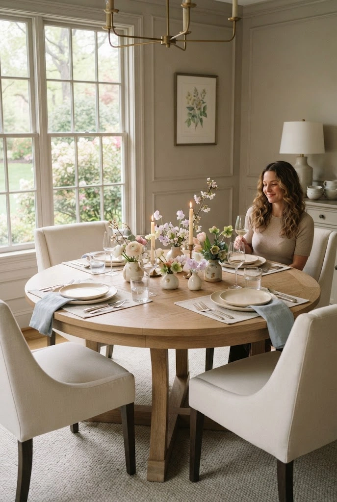 Pastel spring dining table with linen napkins, ceramic dinnerware, and delicate flowers.