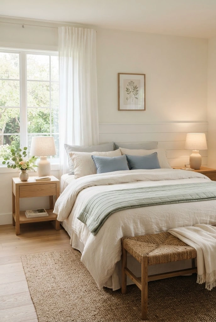 Light spring bedroom with ivory linen bedding, sage quilt, and soft blue accents.