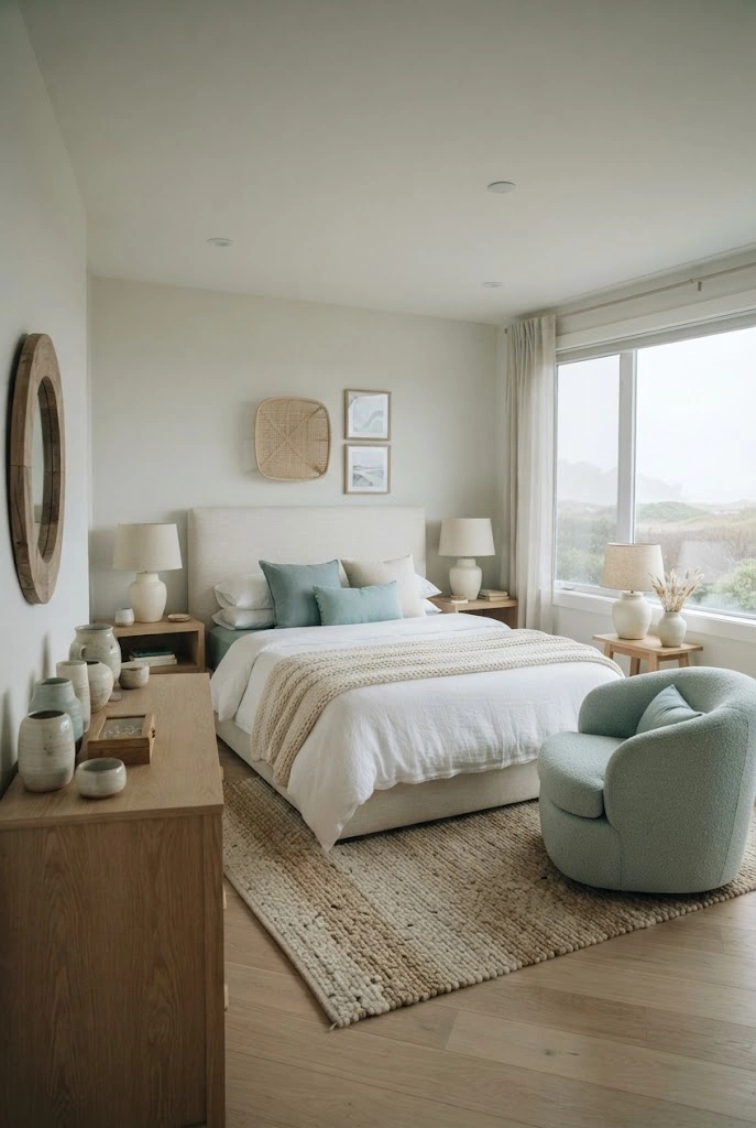 Sea-glass coastal bedroom with muted aqua accents, ivory bedding, and natural wood.