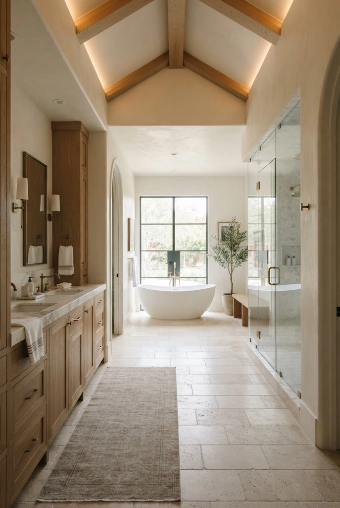 T-shaped luxury master bathroom with a central vanity corridor opening into separate bathing zones.