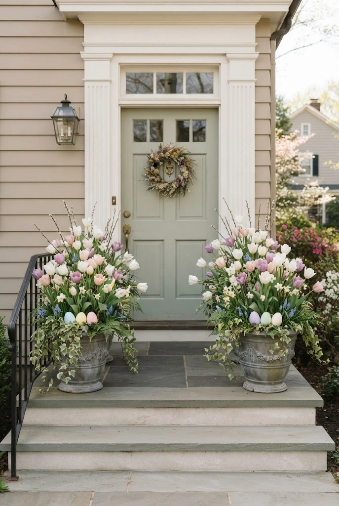 Large entry planters filled with blooming spring tulips beside an Easter doorway.
