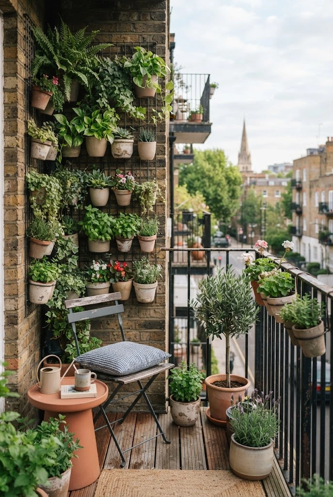 Small balcony with a vertical garden of leafy plants in wall-mounted planters.