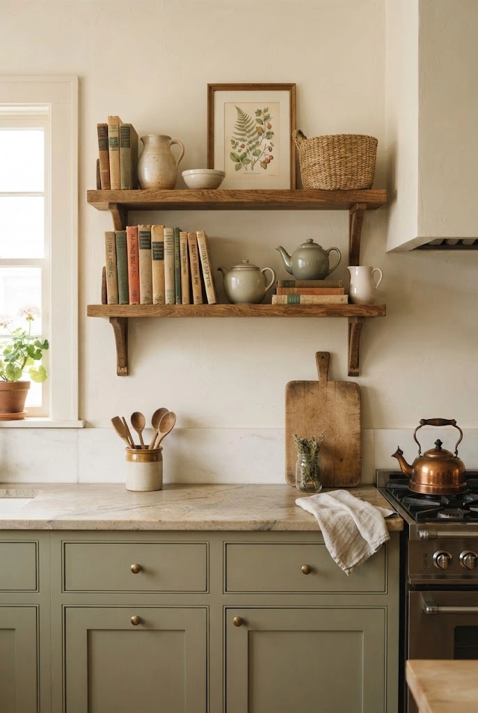 Narrow kitchen shelves displaying vintage cookbooks, ceramics, and botanical artwork.
