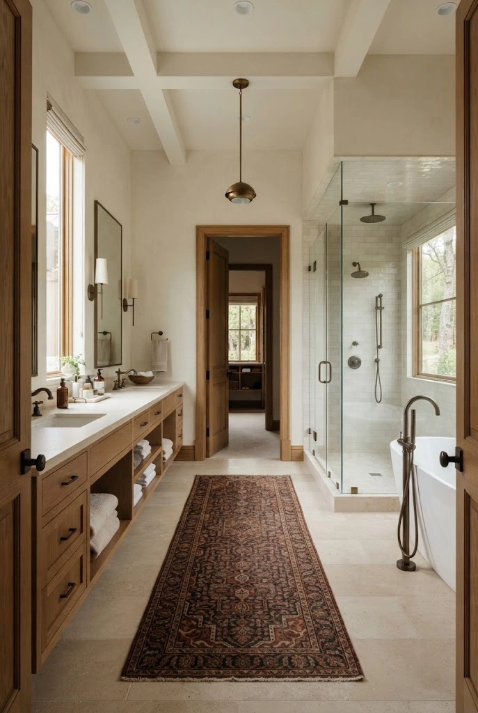 Walk-through master bathroom with two entrances and a clear central circulation path.