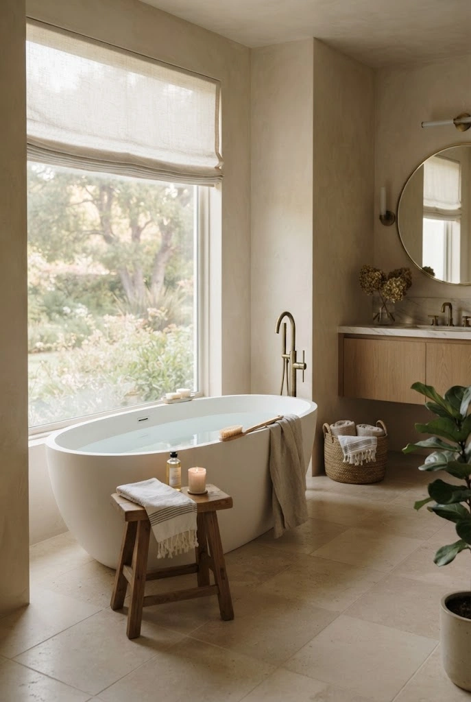 Soaking tub beside a private garden window with soft natural light in a luxury bathroom.