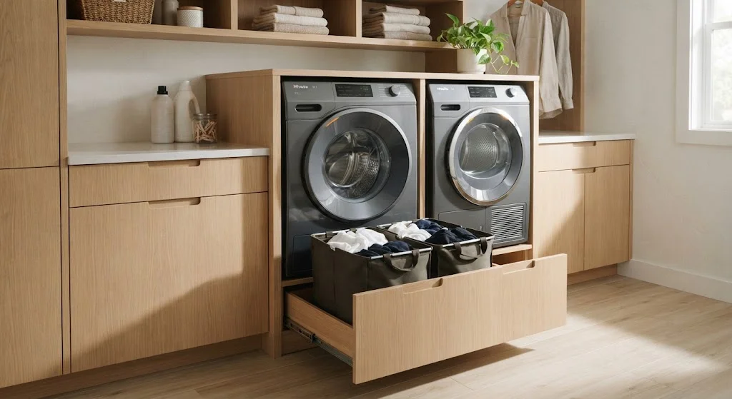 Custom laundry room cabinets with pull-out laundry hampers.