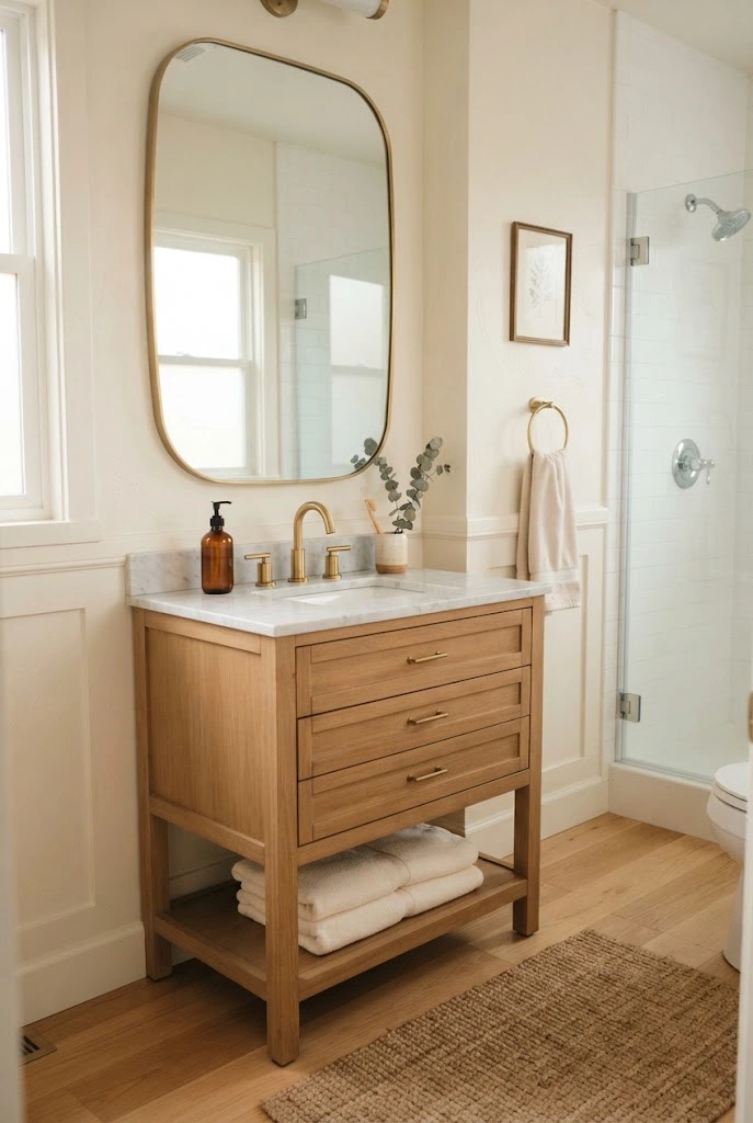 Decluttered small bathroom with a rounded mirror, clear vanity countertop, and neatly folded towels.