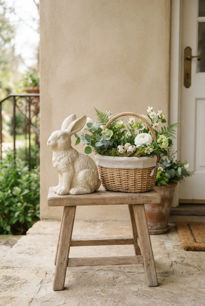 Neutral bunny, greenery, white flowers, and woven basket on a porch.