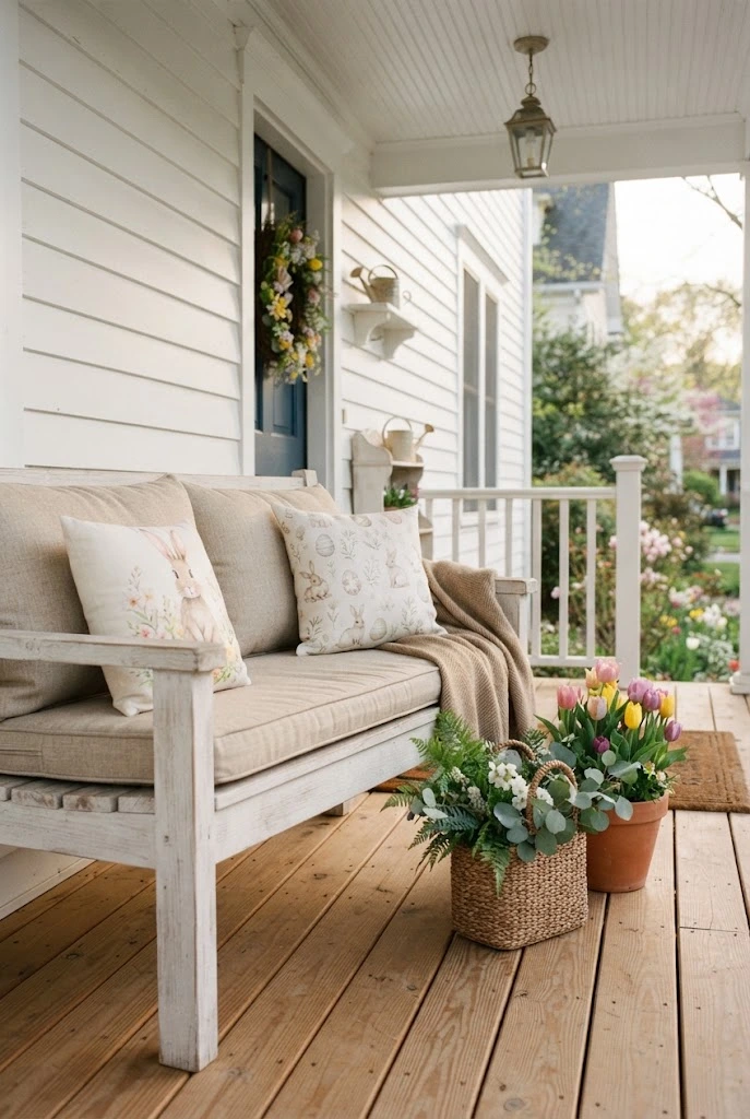 Front porch bench decorated with Easter pillows, greenery, and spring flowers.