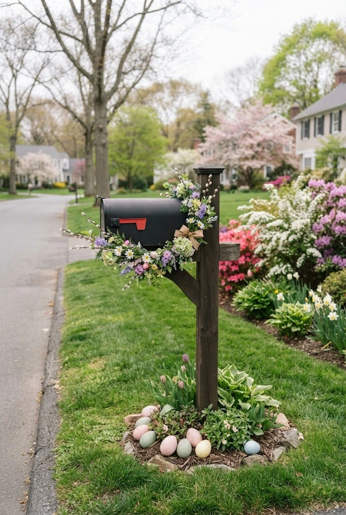 American mailbox decorated with spring greenery and subtle Easter flowers.