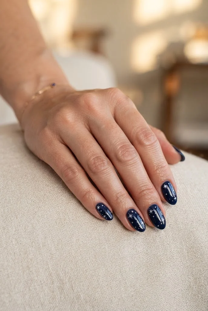 Deep navy Fourth of July nails decorated with small white stars.