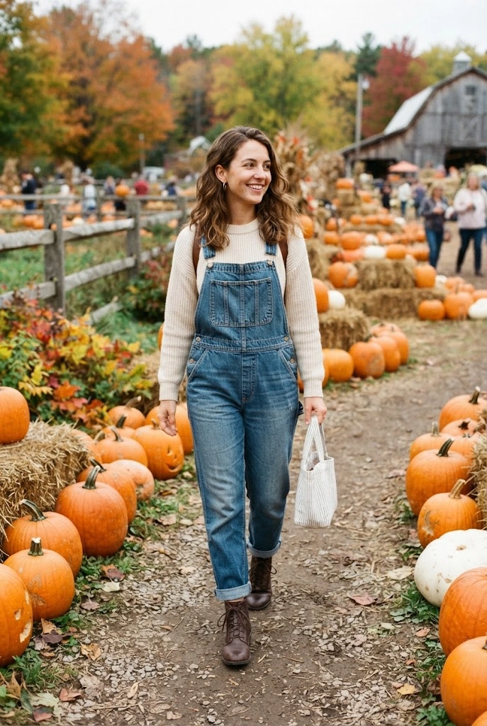 Denim overalls layered over a cream sweater for a casual pumpkin patch outfit.