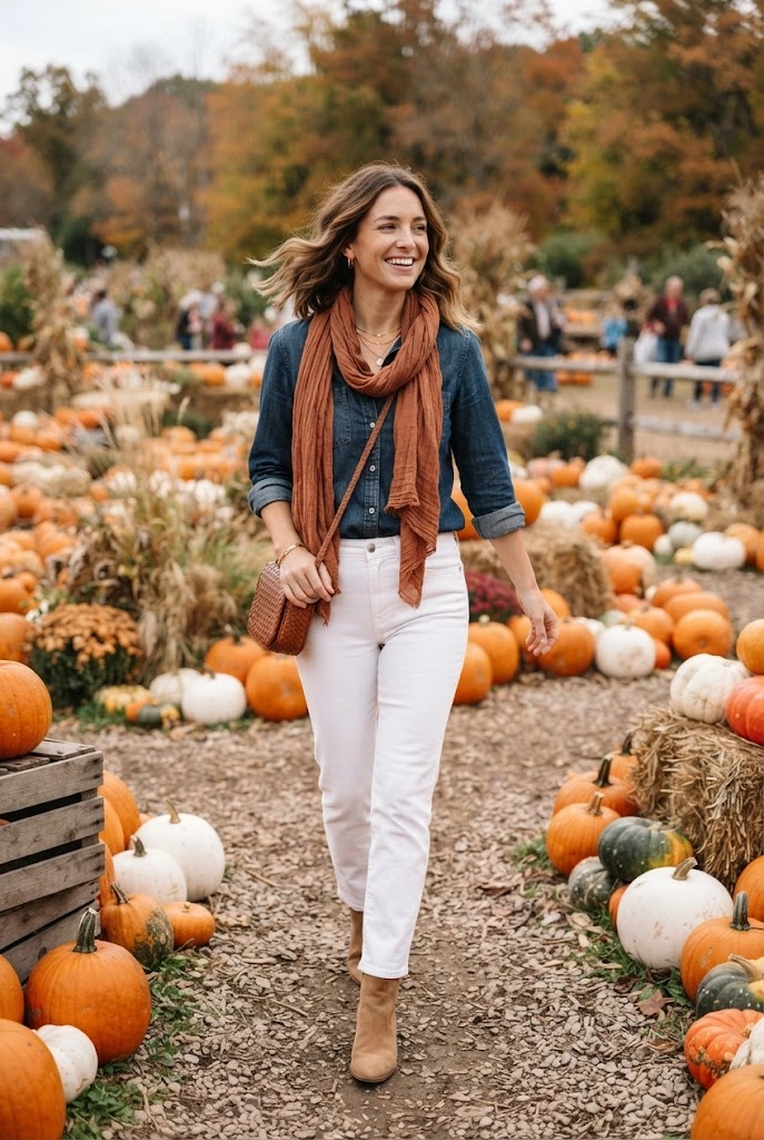 Dark denim shirt, white jeans, tan boots, and rust scarf for a pumpkin patch.