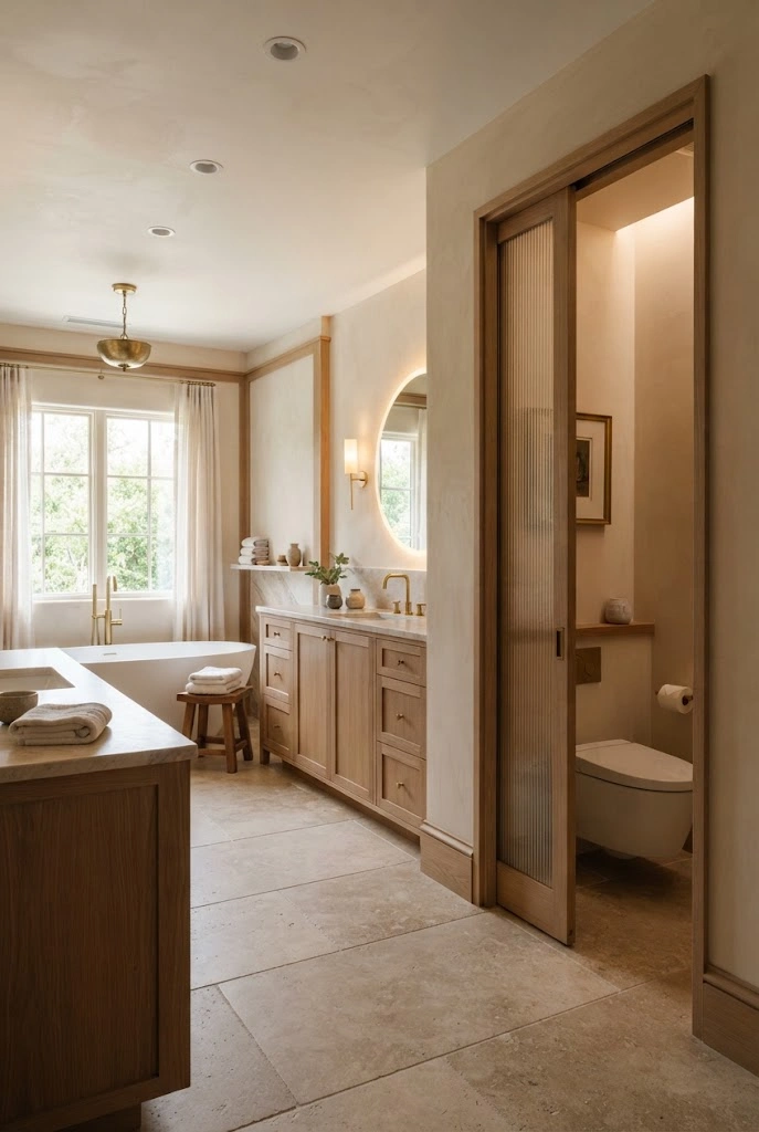 Primary bathroom with a private water-closet enclosure separated by a reeded-glass door.