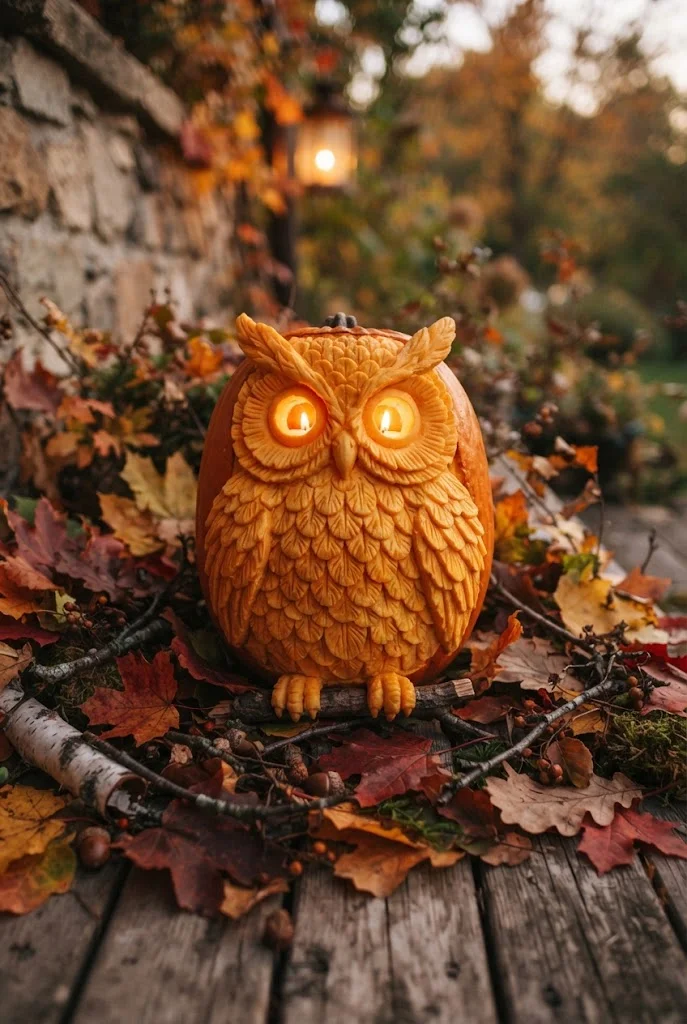 Detailed owl pumpkin carving with glowing round eyes.