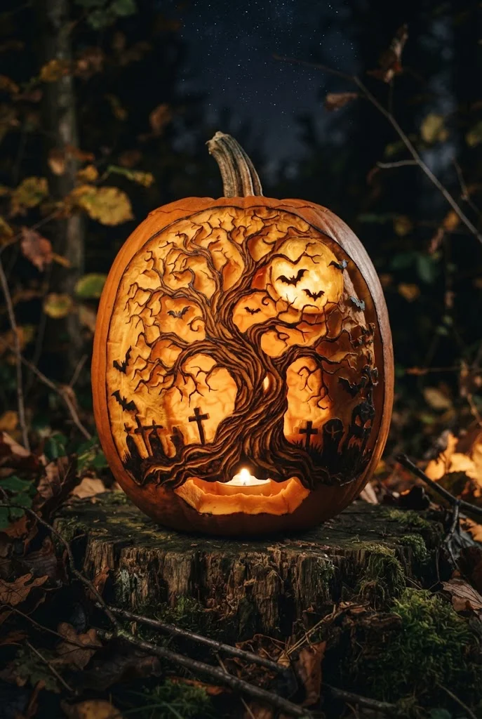 Detailed pumpkin carving with a haunted tree and bats.