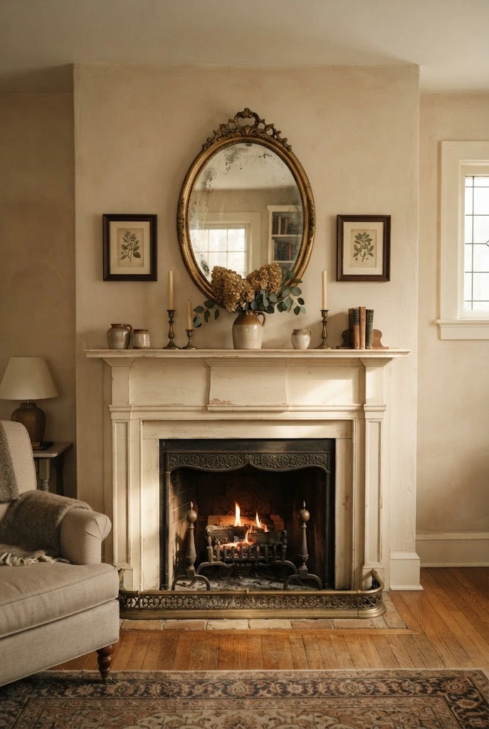 Antique oval mirror and small vintage artwork arranged above a traditional fireplace mantel.