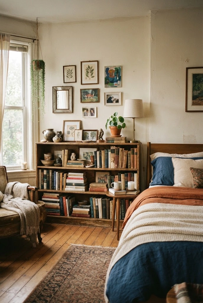 Open bookshelf with books, ceramics, and artwork beside a cozy eclectic bed.