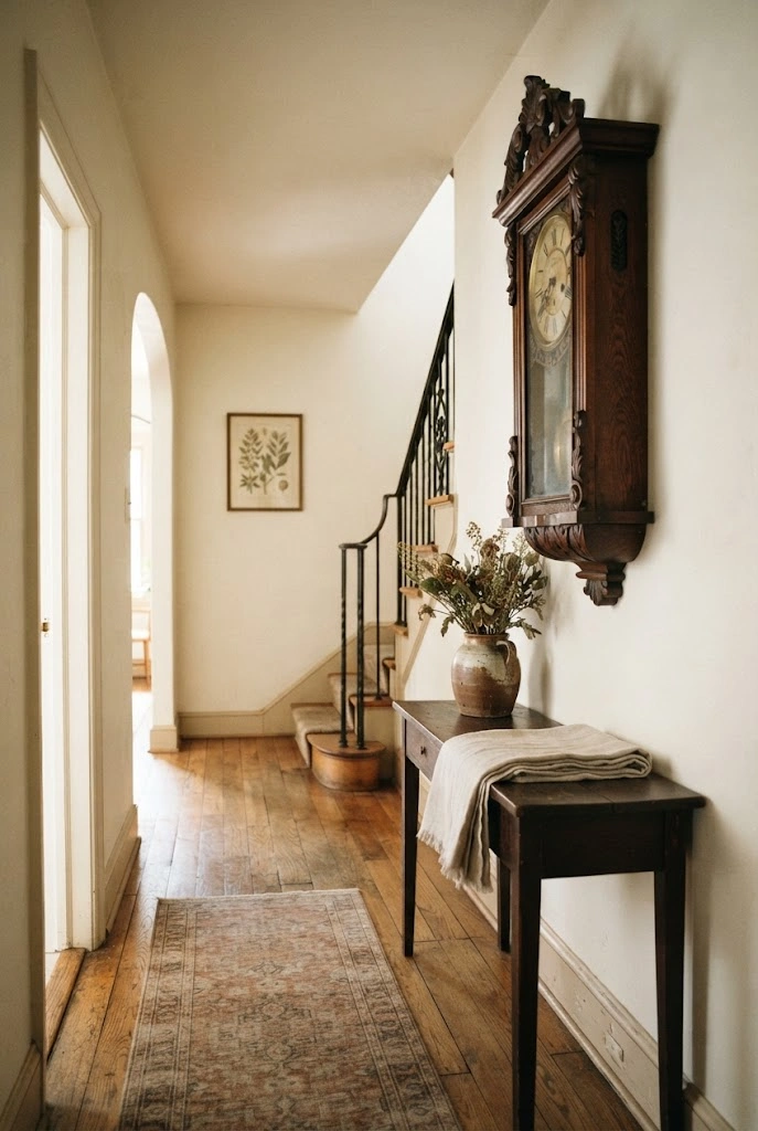 Ornate antique wall clock above a slim console in a traditional hallway.