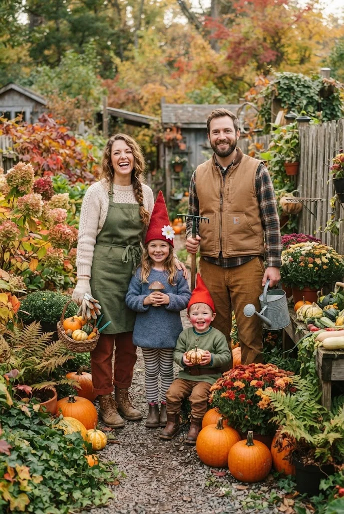 Family dressed as gardeners and whimsical garden gnomes for Halloween.