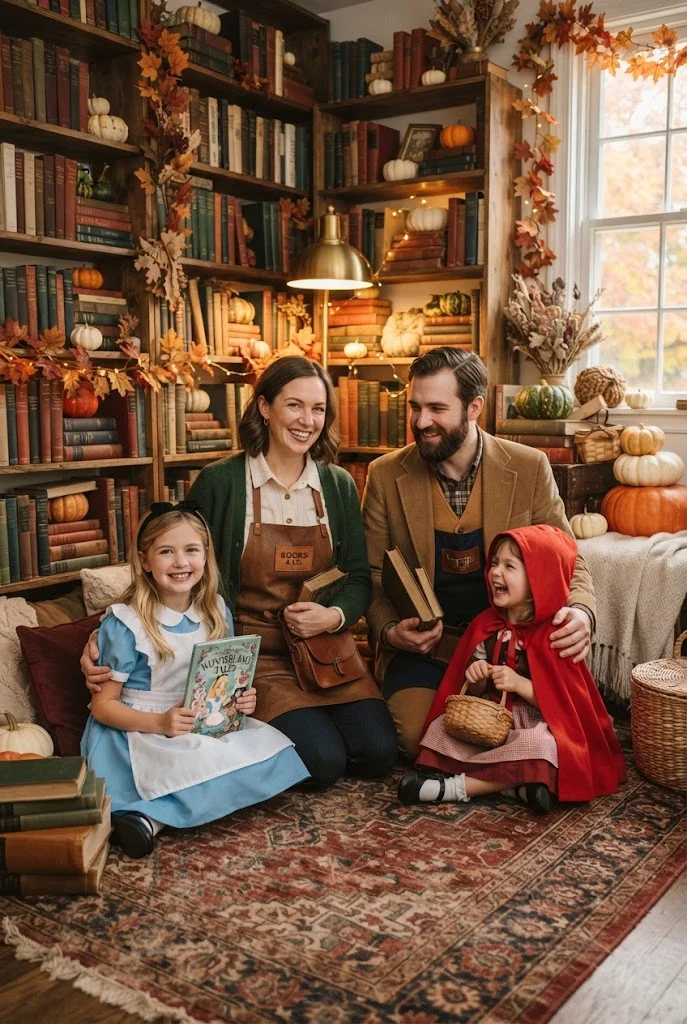 Family wearing cozy bookstore and literary-inspired Halloween costumes.