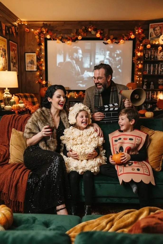 Family wearing creative movie-night inspired Halloween costumes.