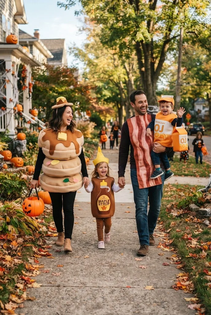 Family wearing playful pancake, syrup, bacon, and orange juice Halloween costumes.