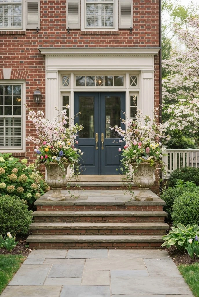 Formal Easter entrance with urn planters filled with spring flowers and eggs.