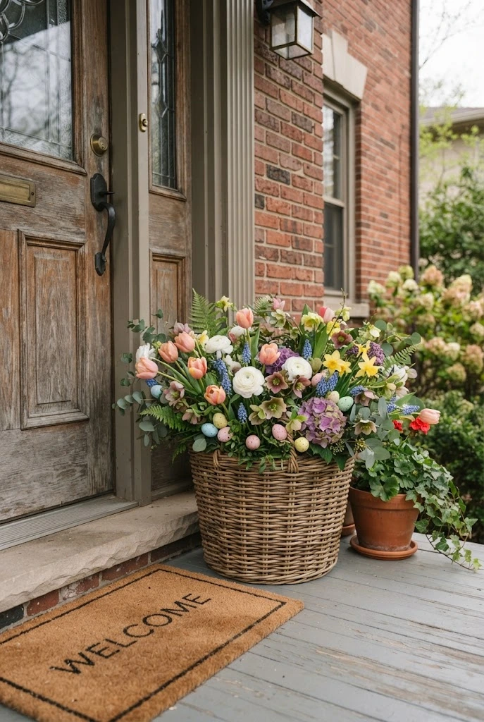 Woven Easter basket filled with colorful spring flowers and pastel eggs.