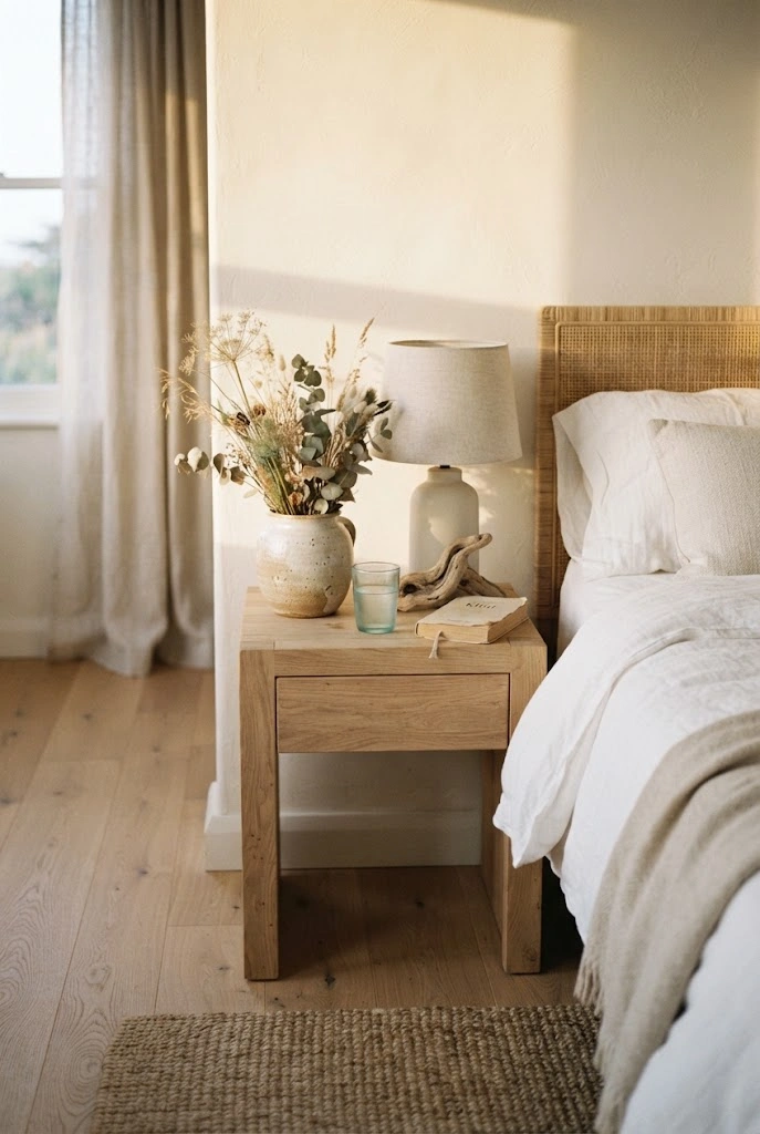 Minimal coastal bedroom styling with textured ceramics, natural wood, sea-glass accents, and linen bedding.