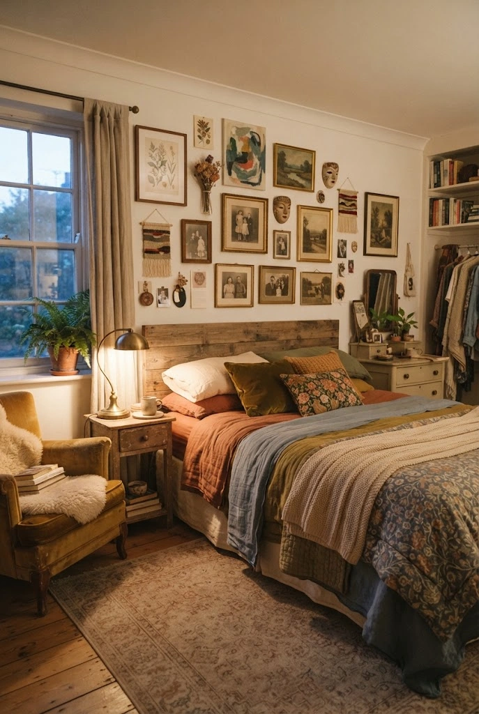 Personal collection wall of artwork and handmade pieces in a cozy eclectic bedroom.