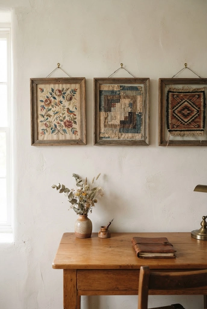 Framed vintage embroidery, quilt block, and woven textile samples above a home office desk.