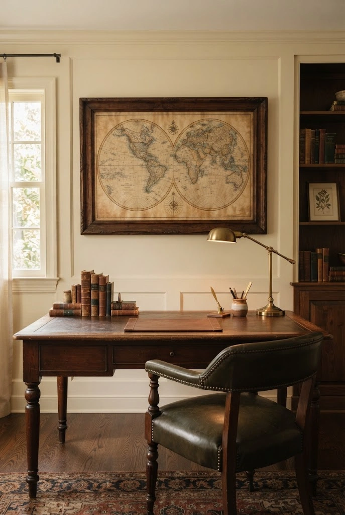 Large framed vintage map hanging above a traditional wood writing desk.