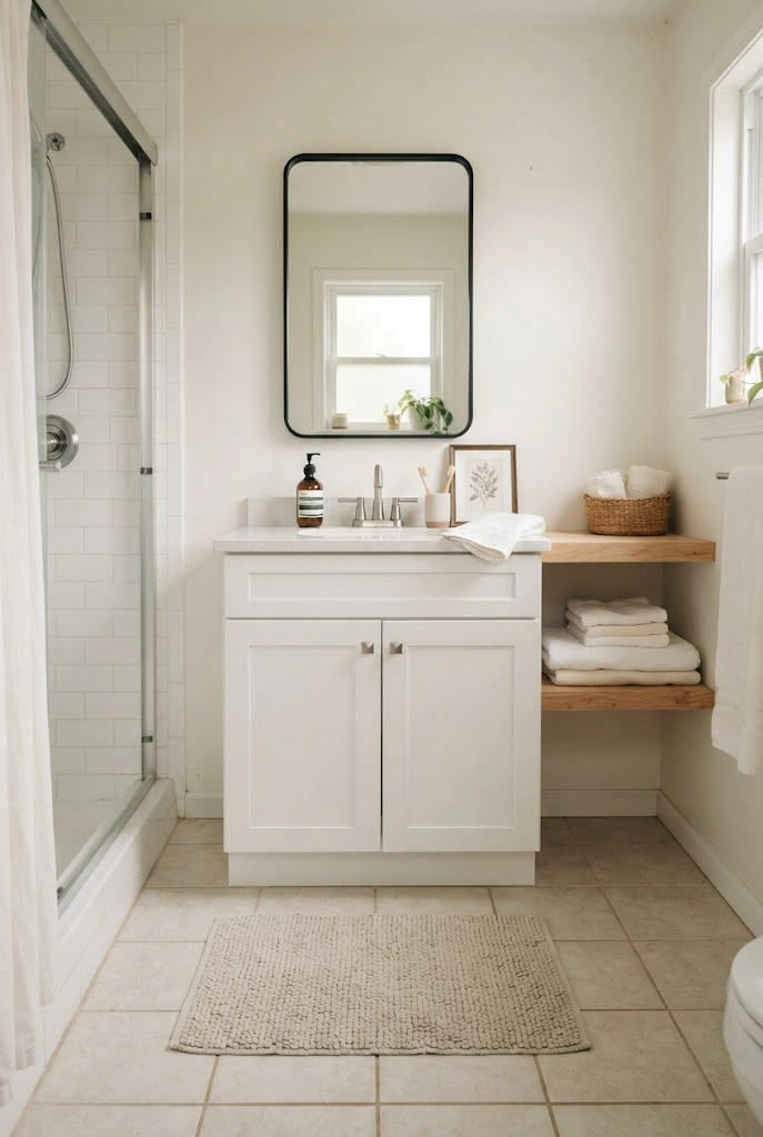 Textured oatmeal bath mat placed in front of a compact white bathroom vanity.