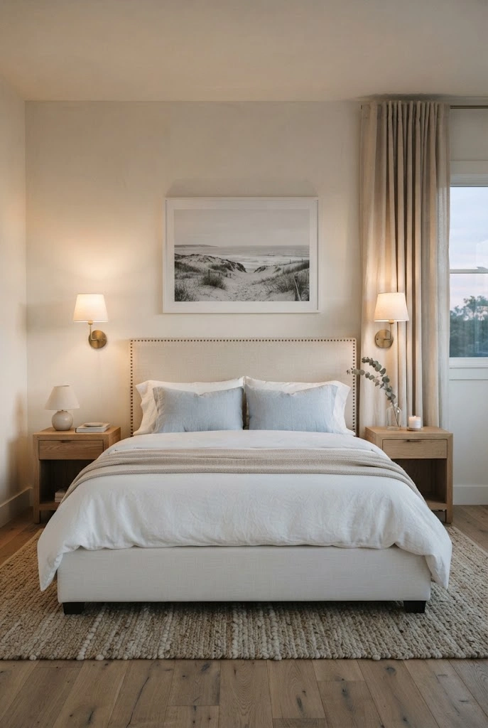 Coastal bedroom with symmetrical wall sconces framing a white upholstered bed.