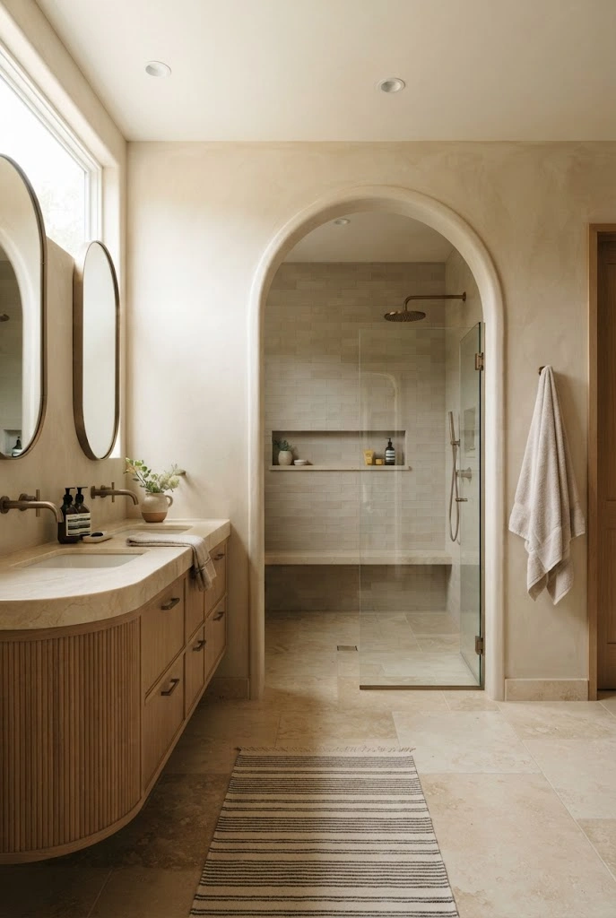 Arched shower opening with curved vanity details in a warm luxury master bathroom.