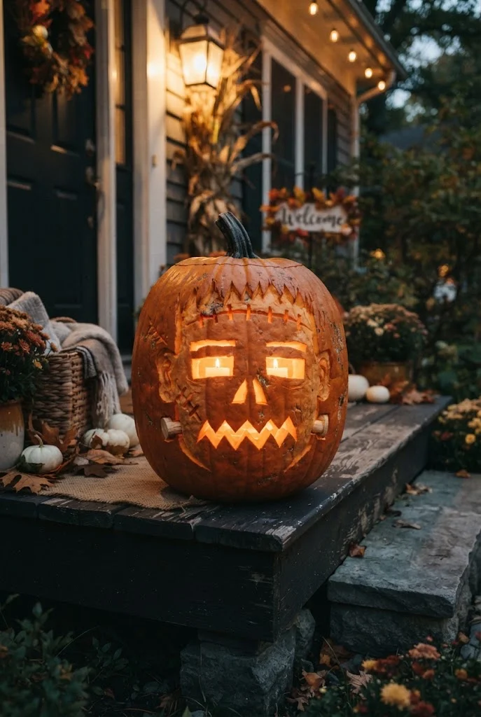 Frankenstein-inspired pumpkin with stitches and glowing eyes.