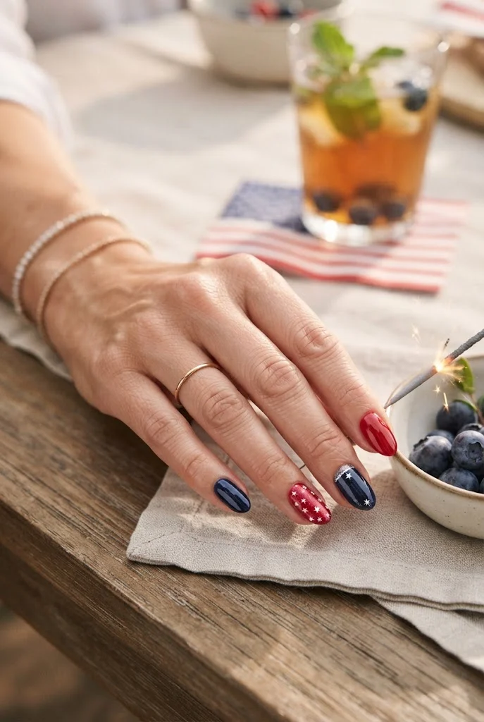 Full Fourth of July manicure combining red, white, blue, stars, stripes, and subtle sparkle.