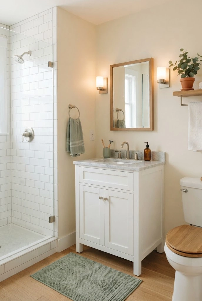 Neutral small bathroom styled with muted sage green towels and accessories.