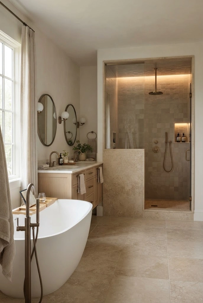 Private walk-in shower tucked behind a partial stone wall in a luxury master bathroom.