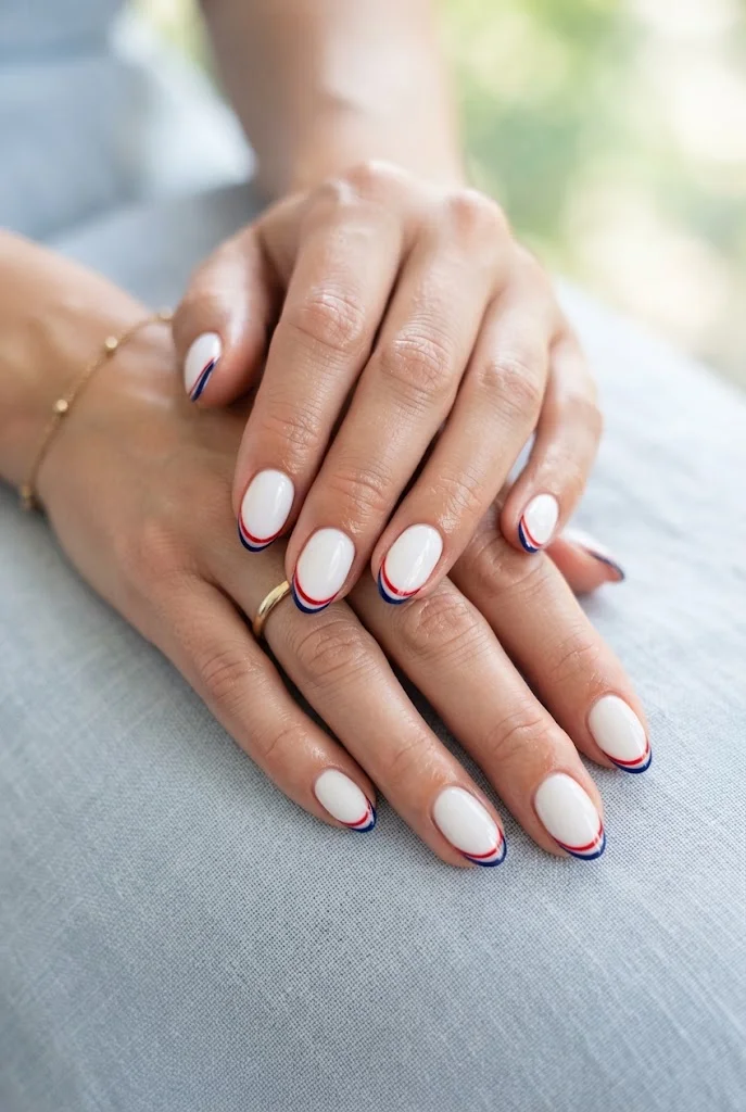Glossy white nails with delicate red and navy-blue patriotic tips.