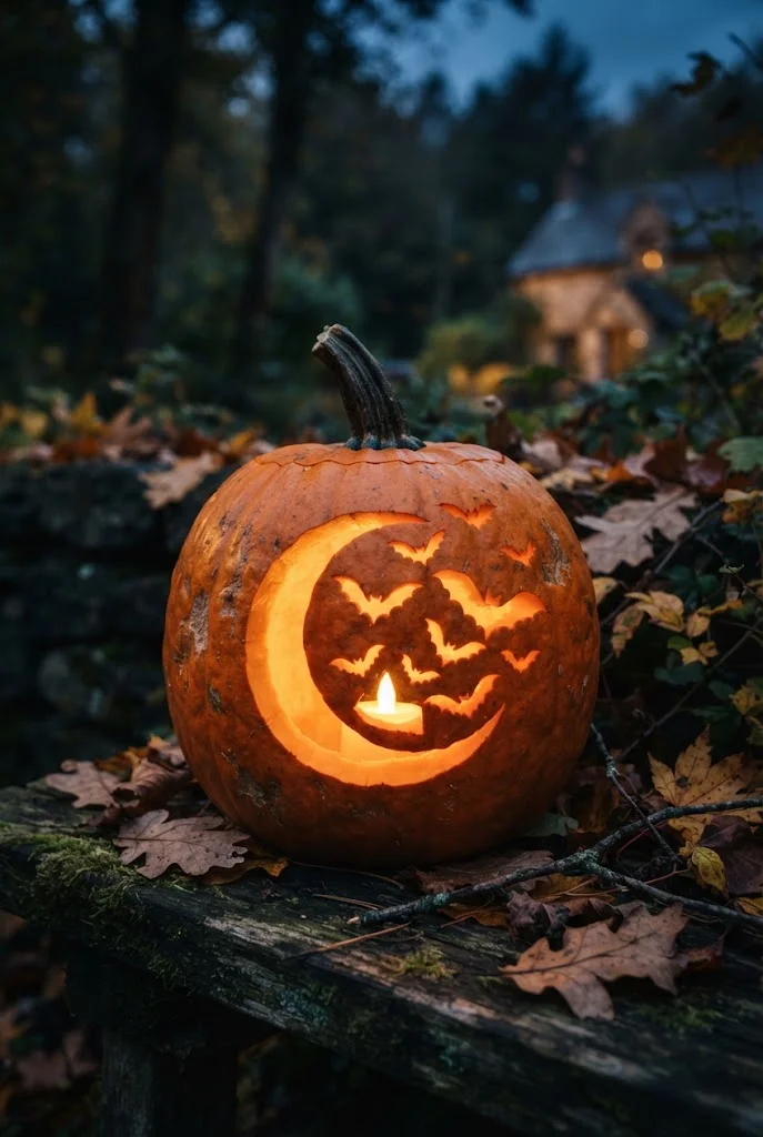 Glowing pumpkin carved with a crescent moon and flying bats.