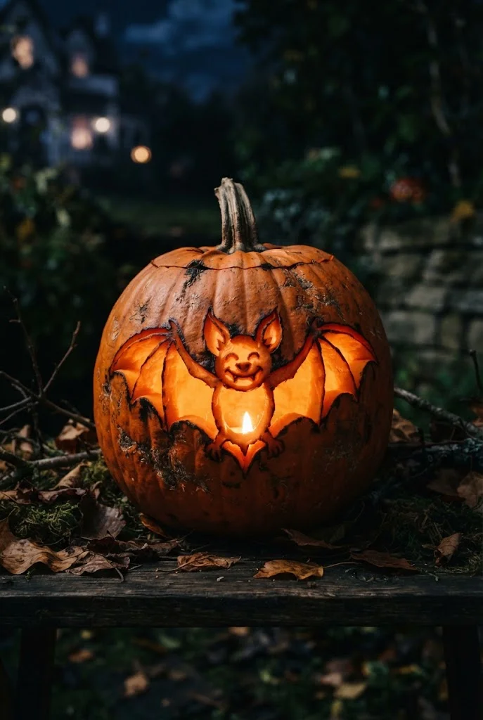 Glowing pumpkin carved with a large smiling bat design.