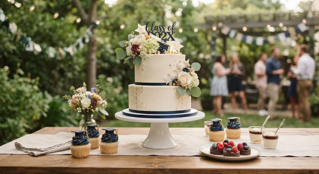 Graduation cake with school-color accents and flowers on an outdoor dessert table.