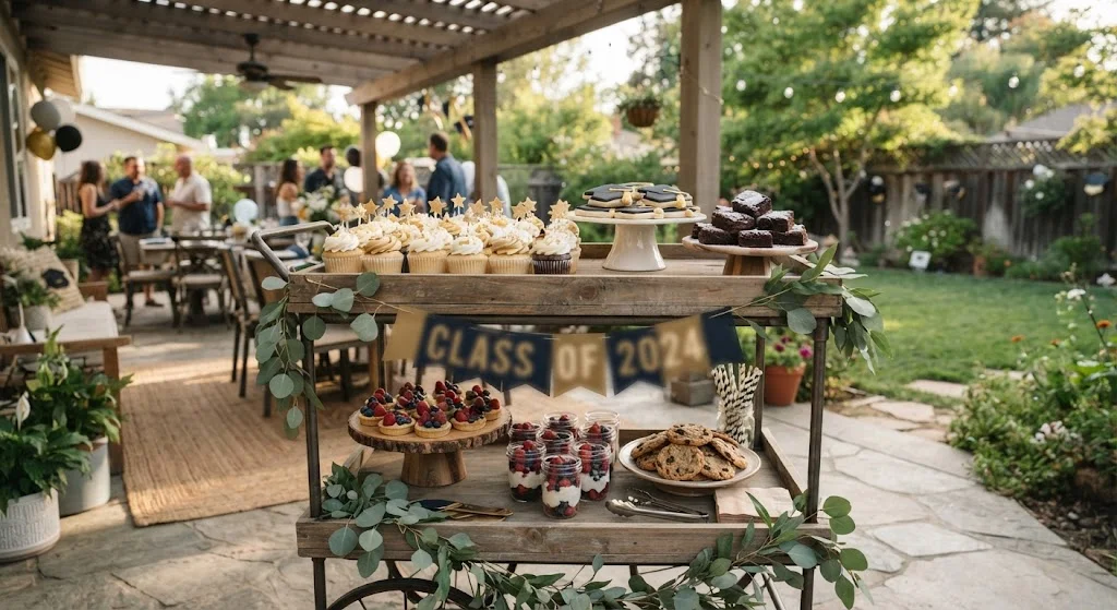 Graduation dessert cart with cupcakes, cookies, brownies, fruit treats, and greenery.