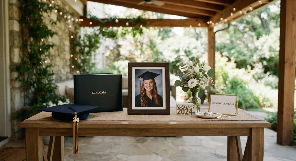 Graduation display with cap, diploma folder, framed portrait, and keepsakes on an outdoor console.